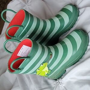 Kids Green Striped Rain Boots with Frog Graphic